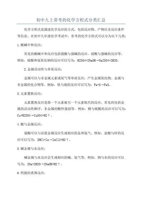初中九上常考的化学方程式分类汇总