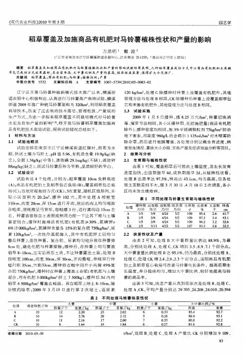 稻草覆盖及加施商品有机肥对马铃薯植株性状和产量的影响