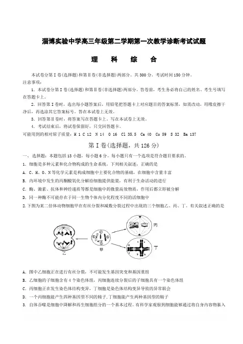 山东省淄博实验中学高三第二学期4月份教学诊断考试理综试题(附答案)