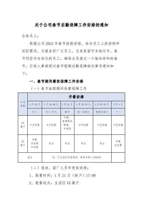 关于公司春节后勤保障工作安排的通知范文