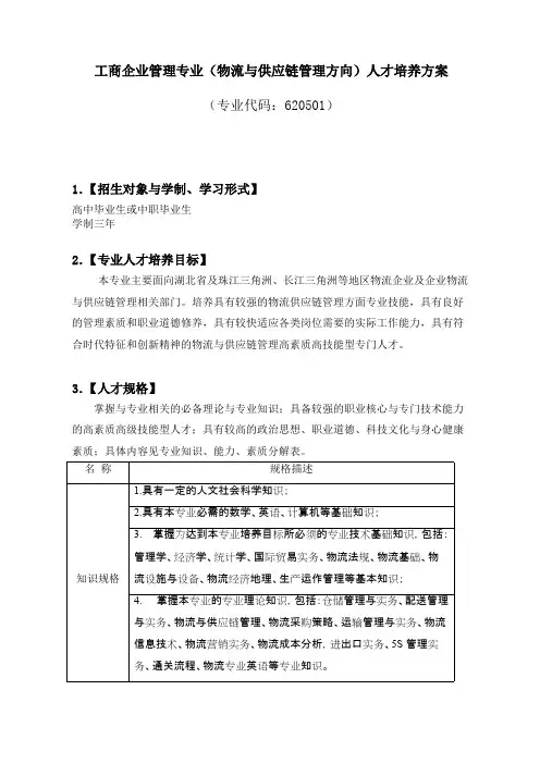 工商企业管理专业（物流与供应链管理方向）人才培养方案