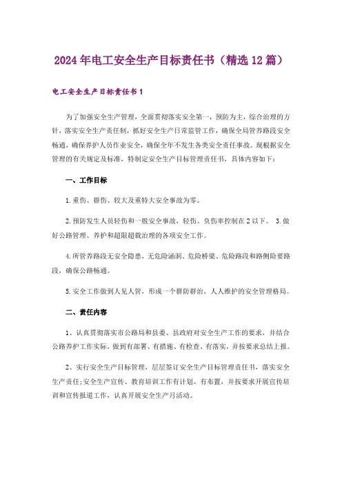 2024年电工安全生产目标责任书(精选12篇)