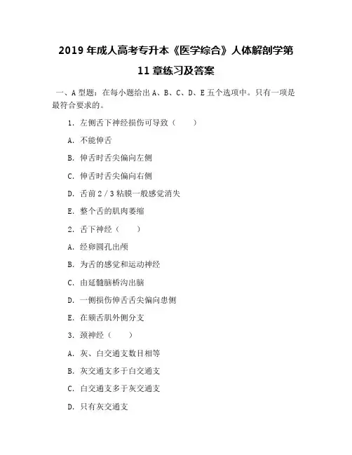 2019年成人高考专升本《医学综合》人体解剖学第11章练习及答案