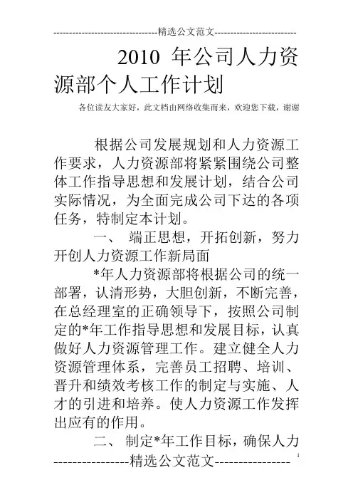 2010年公司人力资源部个人工作计划
