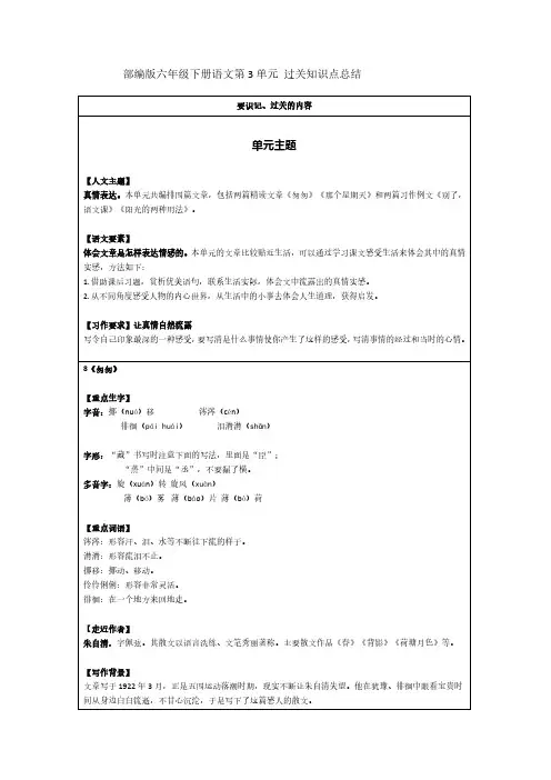 【最新】人教部编版语文六年级下册第三单元学习过关知识点总结