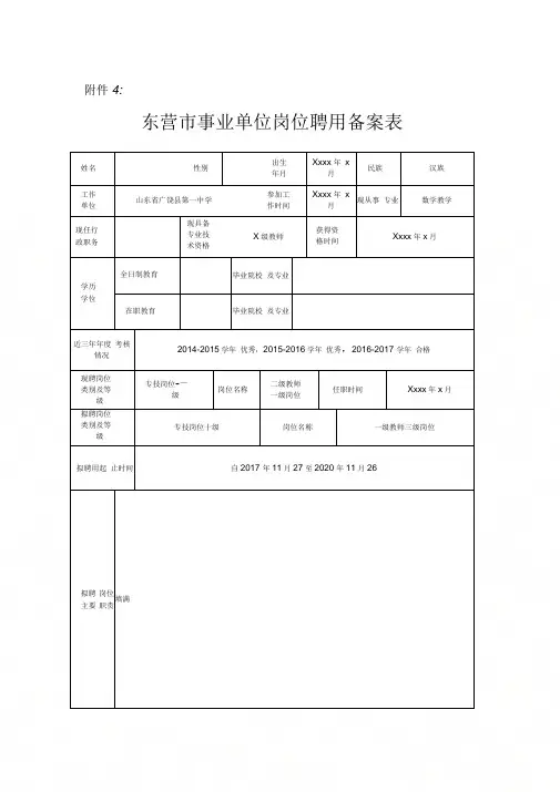 事业单位岗位聘用备案表