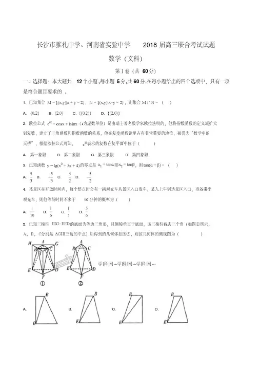 精品解析：【全国校级联考】湖南省长沙市雅礼中学、河南省实验中学2018届高三联考数学文试题(原卷版)