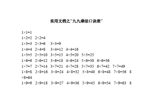 实用文档之九九乘法口诀表(全word打印版)