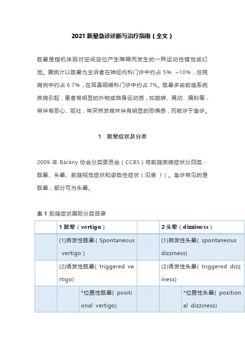 2021眩晕急诊诊断与治疗指南(全文)