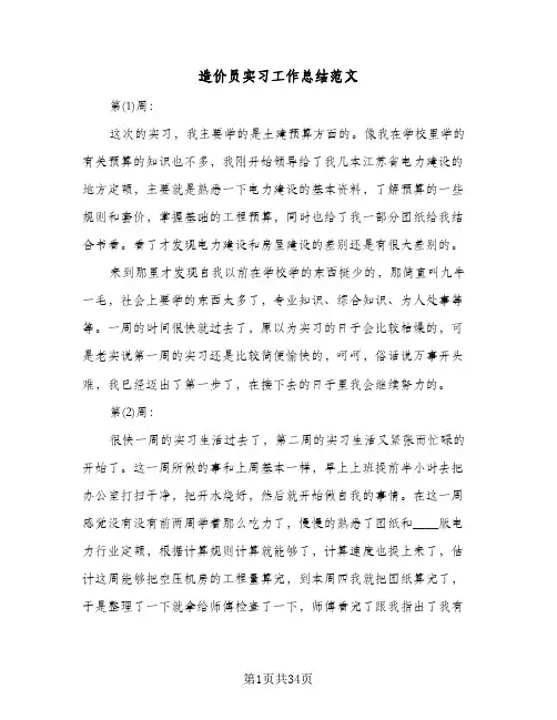 造价员实习工作总结范文(7篇)