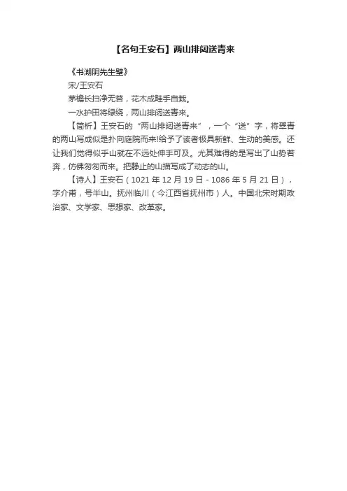 【名句王安石】两山排闼送青来