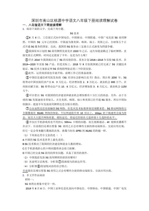 深圳市南山区桃源中学语文八年级下册阅读理解试卷