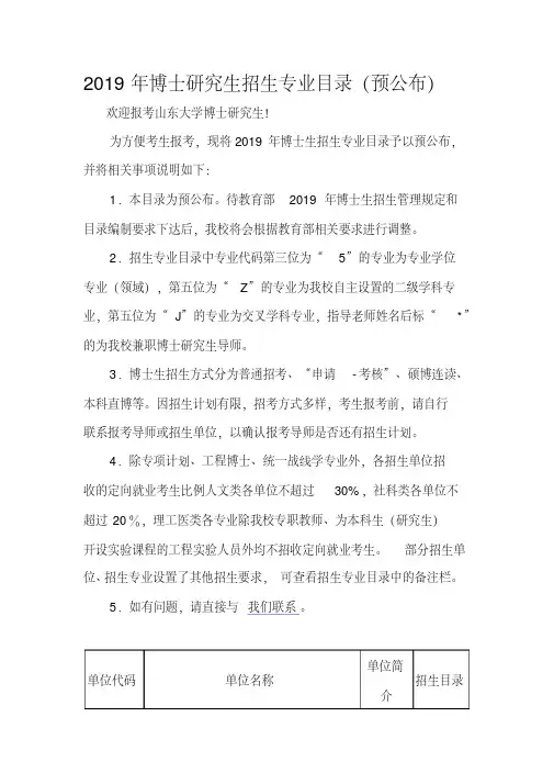山东大学2019年博士研究生招生专业目录