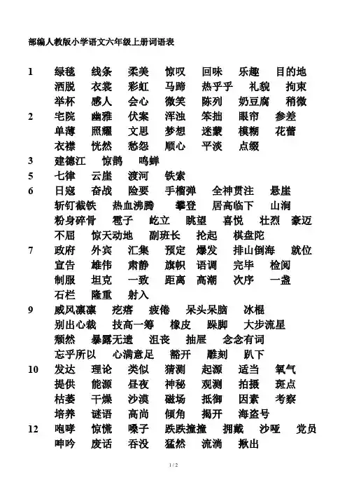 部编人教版小学语文六年级上册词语表