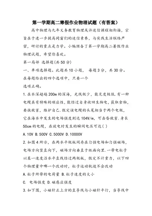 第一学期高二寒假作业物理试题(有答案)
