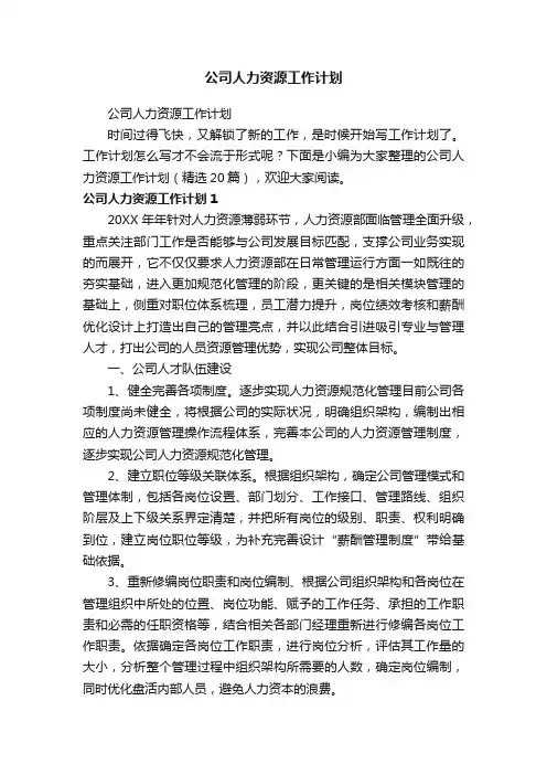 公司人力资源工作计划（精选20篇）