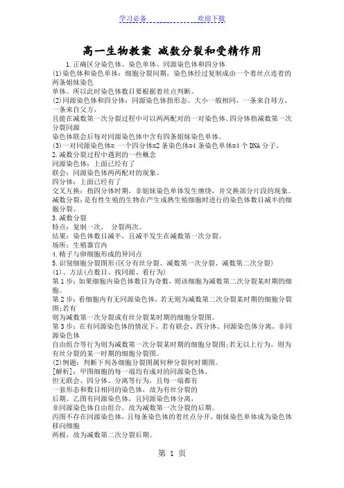 高一生物教案 减数分裂和受精作用
