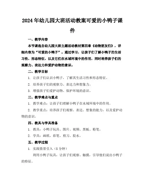 2024年幼儿园大班活动教案可爱的小鸭子课件