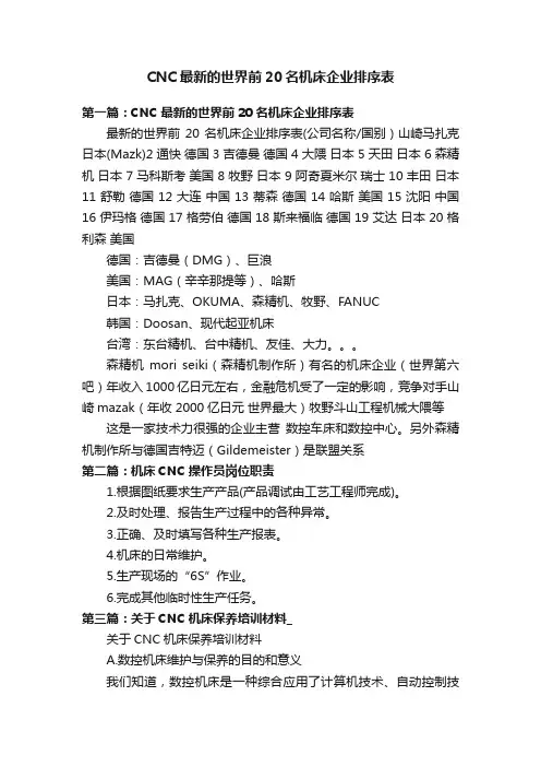 CNC最新的世界前20名机床企业排序表