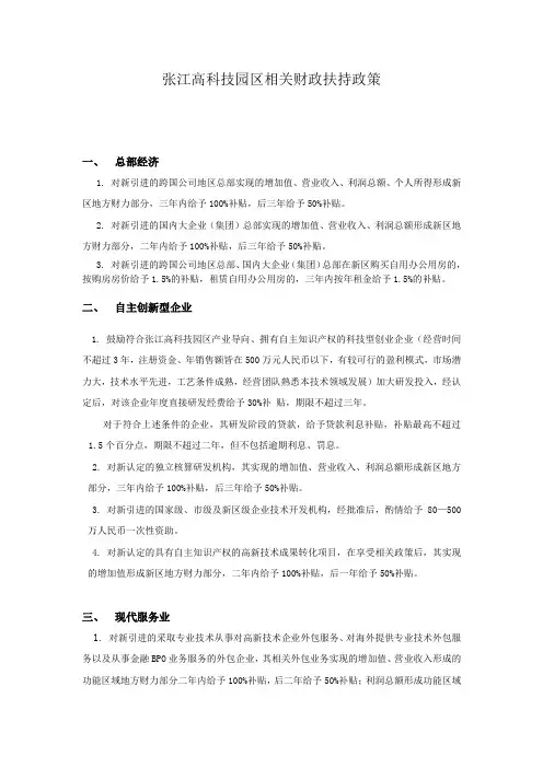 张江高科技园区相关财政扶持政策