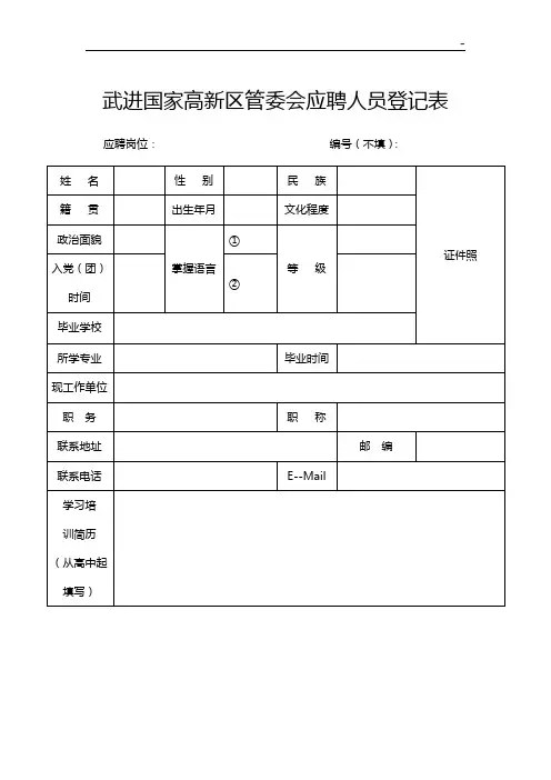 江苏地区武进高新区应聘人员登记表