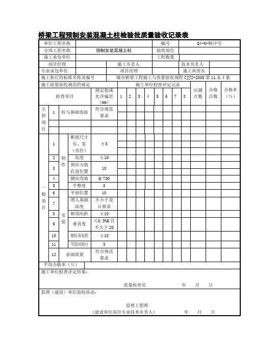 桥梁工程预制安装混凝土柱检验批质量验收记录表