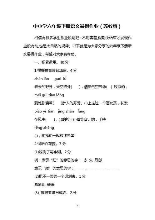 中小学六年级下册语文暑假作业(苏教版)