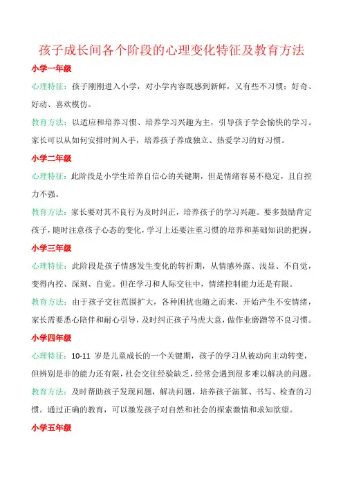 孩子成长间各个阶段的心理变化特征及教育方法