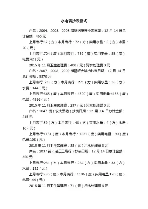 水电表抄表格式