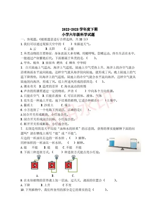 大象版六年级科学毕业模拟测试题