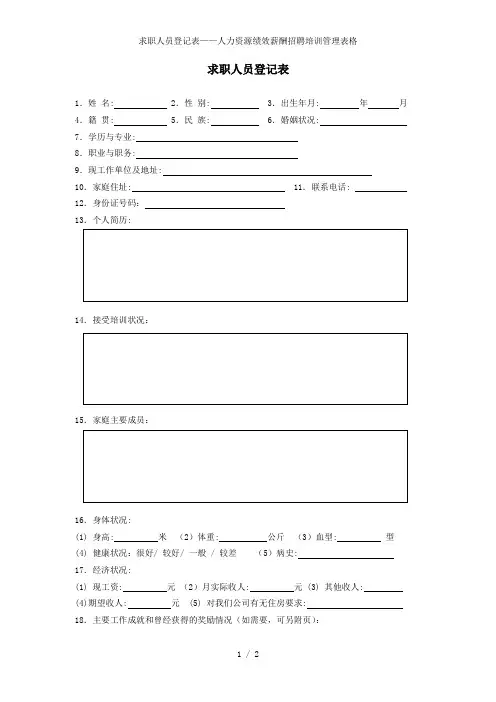 求职人员登记表——人力资源绩效薪酬招聘培训管理表格