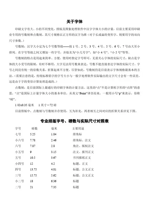 字号与尺寸对照表
