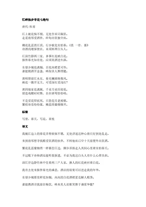 江畔独步寻花七绝句(杜甫作品)原文、翻译及赏析
