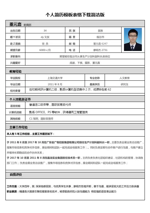 个人简历模板表格下载简洁版