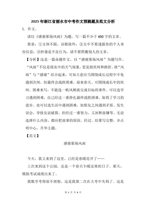 2025年浙江省丽水市中考作文猜题附范文分析