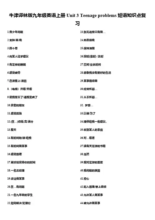 牛津译林版九年级英语上册Unit 3 Teenage problems短语知识点复习