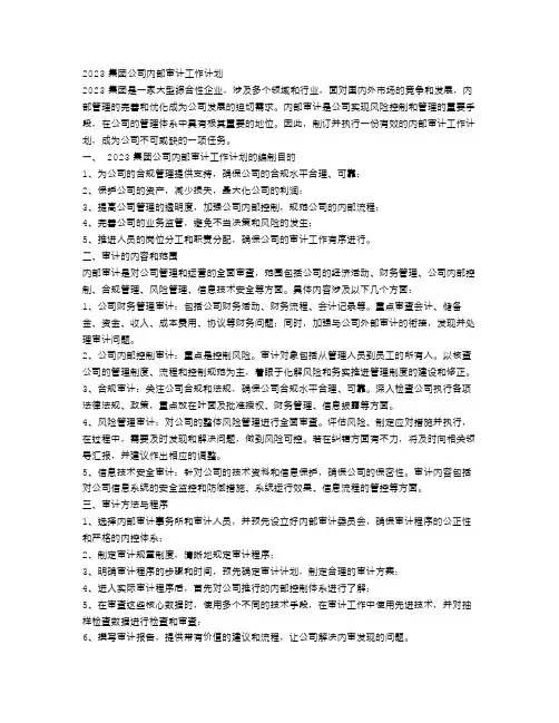 2023集团公司内部审计工作计划范文