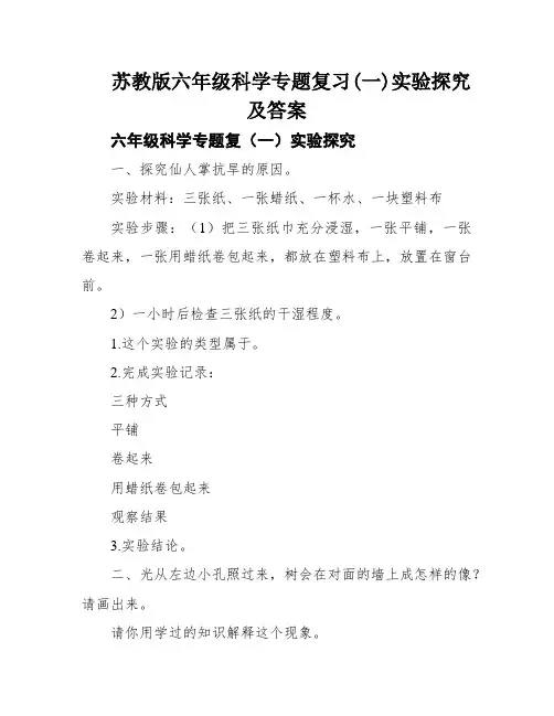 苏教版六年级科学专题复习(一)实验探究及答案