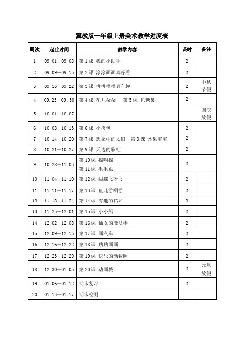 冀教版一年级上册美术教学进度表