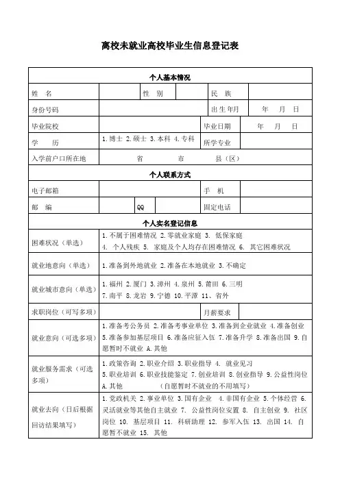 离校未就业高校毕业生信息登记表