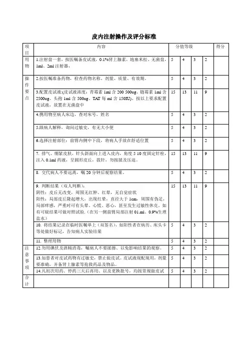 皮内注射操作及评分标准