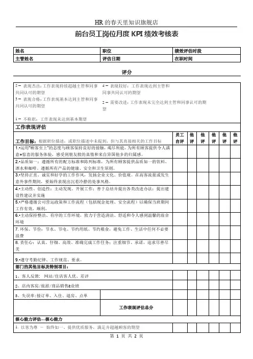 前台员工岗位月度KPI绩效考核表