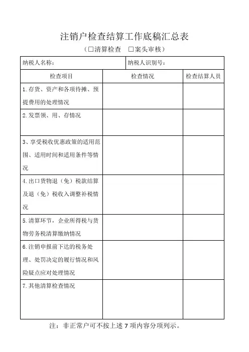 注销户检查结算工作底稿汇总表