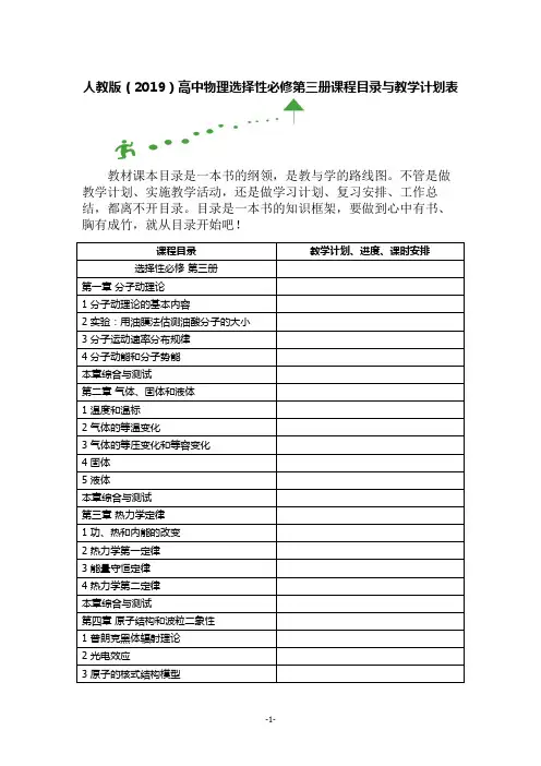 人教版(2019)高中物理选择性必修第三册课程目录与教学计划表