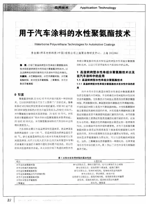 用于汽车涂料的水性聚氨酯技术