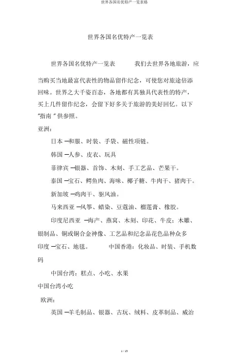 世界各国名优特产一览表格