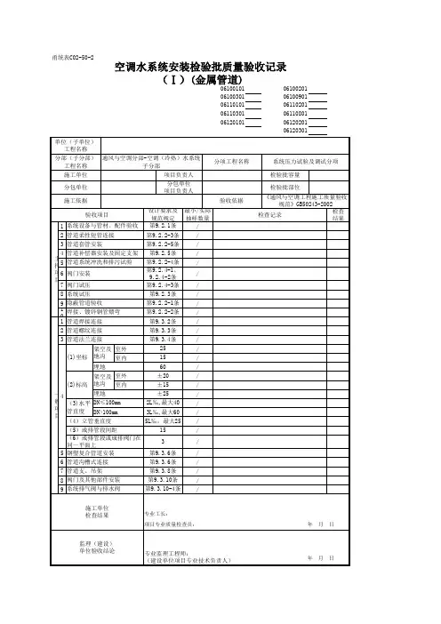 2019版最新《甬统表》全套表格之06110801_空调水系统安装检验批质量验收记录(Ⅰ)(金属管道)
