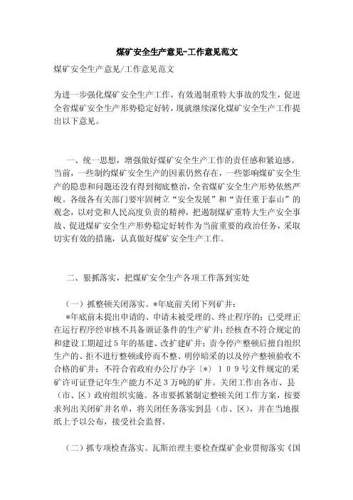 煤矿安全生产意见-工作意见范文（完整版）