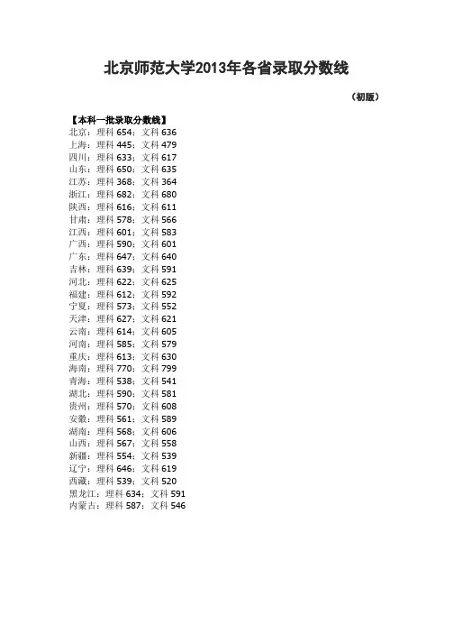 北京师范大学2013年各省录取分数线