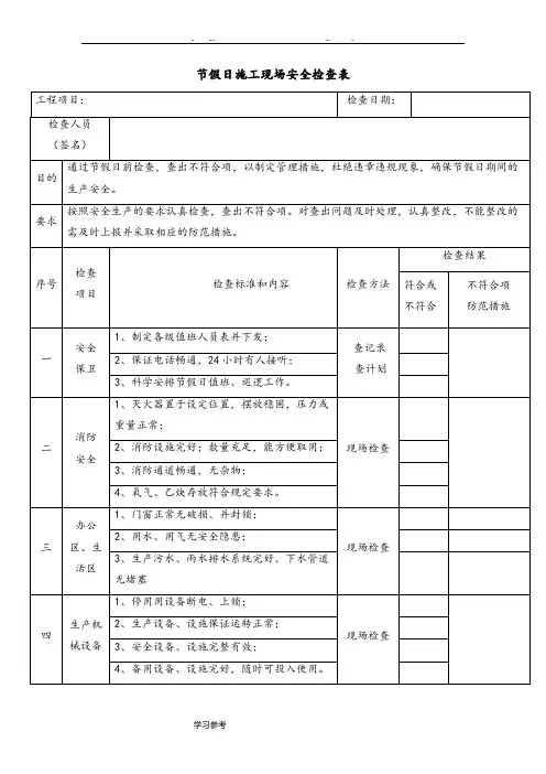 节假日建筑施工现场安全检查表